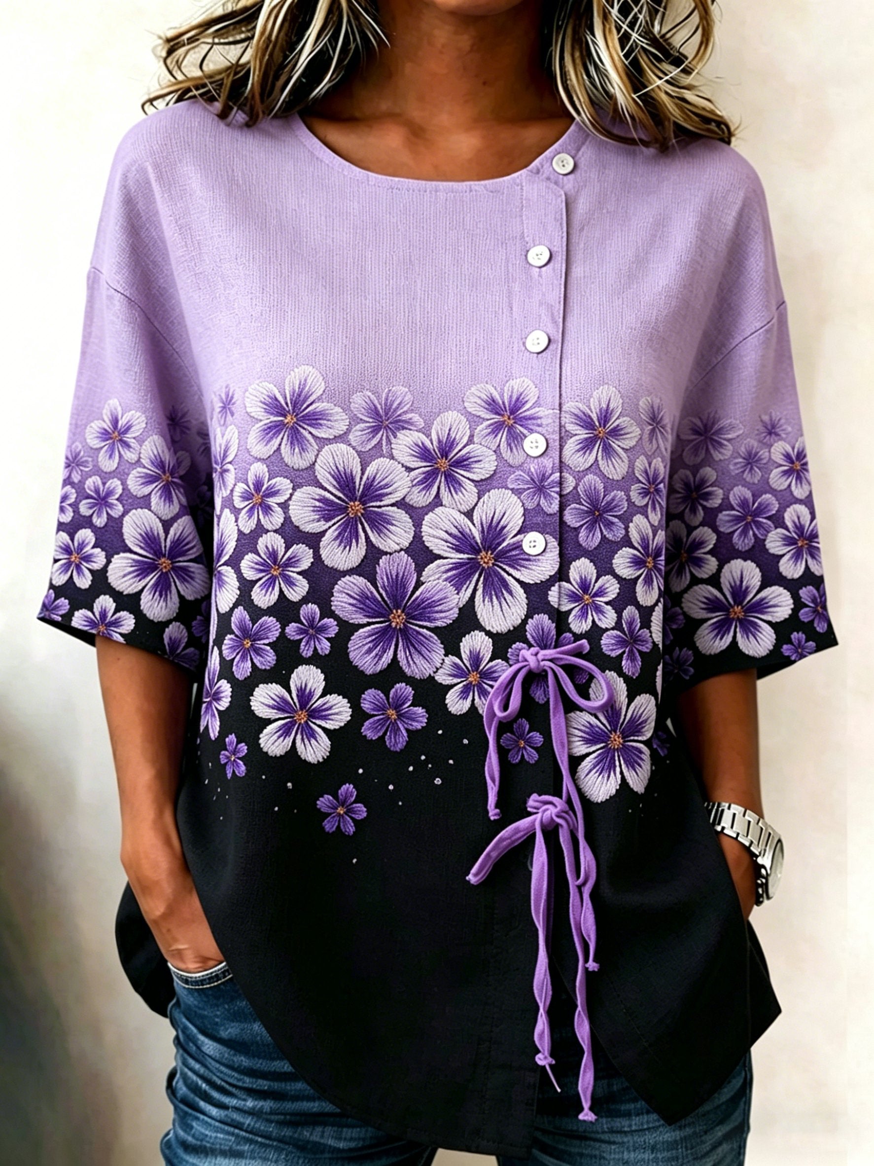 Women's Retro Purple Floral Art Print Short-Sleeve Casual Shirt